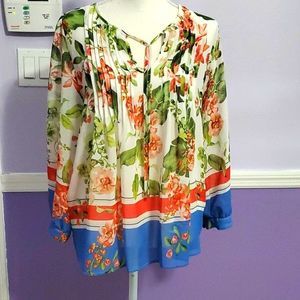 NWOT Tommy Hilfiger Tropical Floral & Stripped Boho Long Sleeve Pleated Top